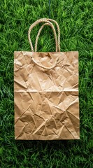 Brown Paper Bag with Elegant Rope Handles Set Against a Lush Green Grass Background for Stylish Packaging and Gift Wrapping