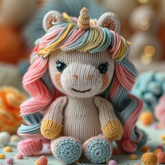 Handmade Knitted unicorn on pastel background
