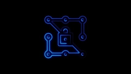 Glowing neon circuit board with lock symbolizing data security and protection concept
