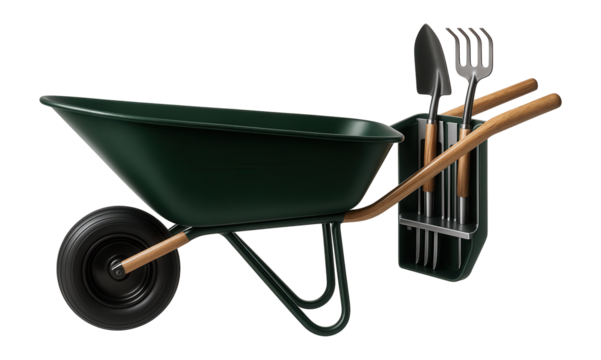 A wheelbarrow with a built-in tool rack, perfect for keeping gardening implements organized in a residential yard.