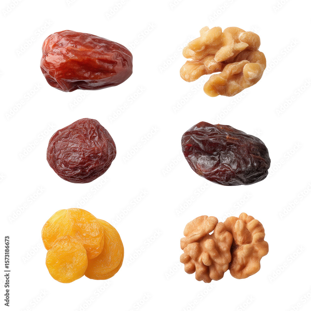 Aufkleber assorted dried fruits and nuts in various shapes and textures for healthy snacking and cooking uses 