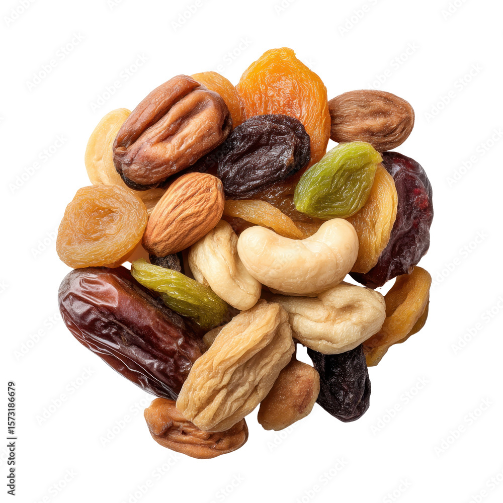 Poster assorted dried fruits and nuts in a colorful display on white background for healthy snacking and nu