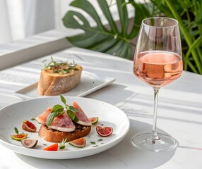 Elegant fig and prosciutto crostini with rosé wine; bright, minimalist setting.