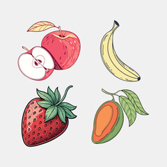 Vector Illustration of Red Apple,  Banana, Mango, and Strawberry with Unique Color Style on White Background
