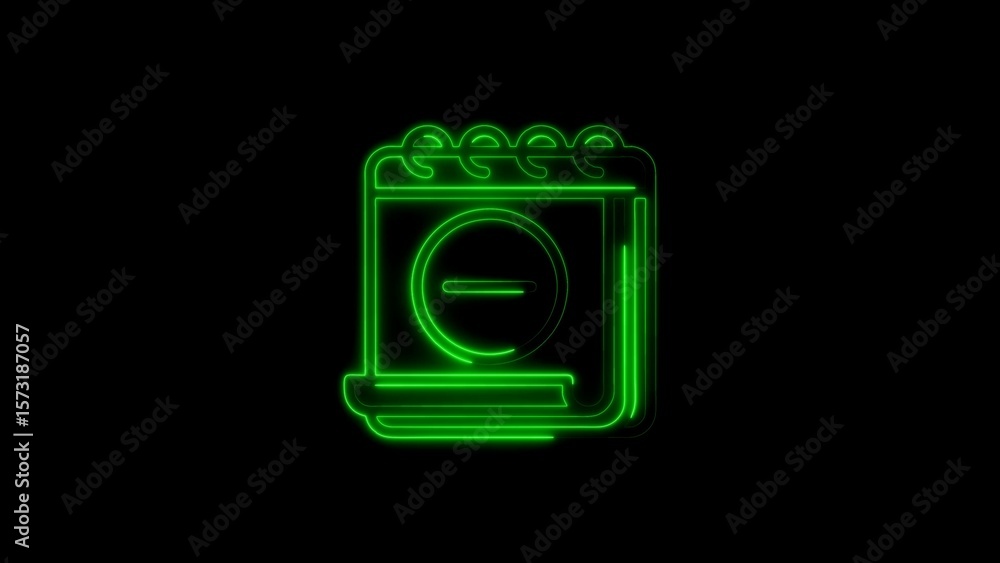 Poster neon green notebook icon with a delete symbol on a solid black background