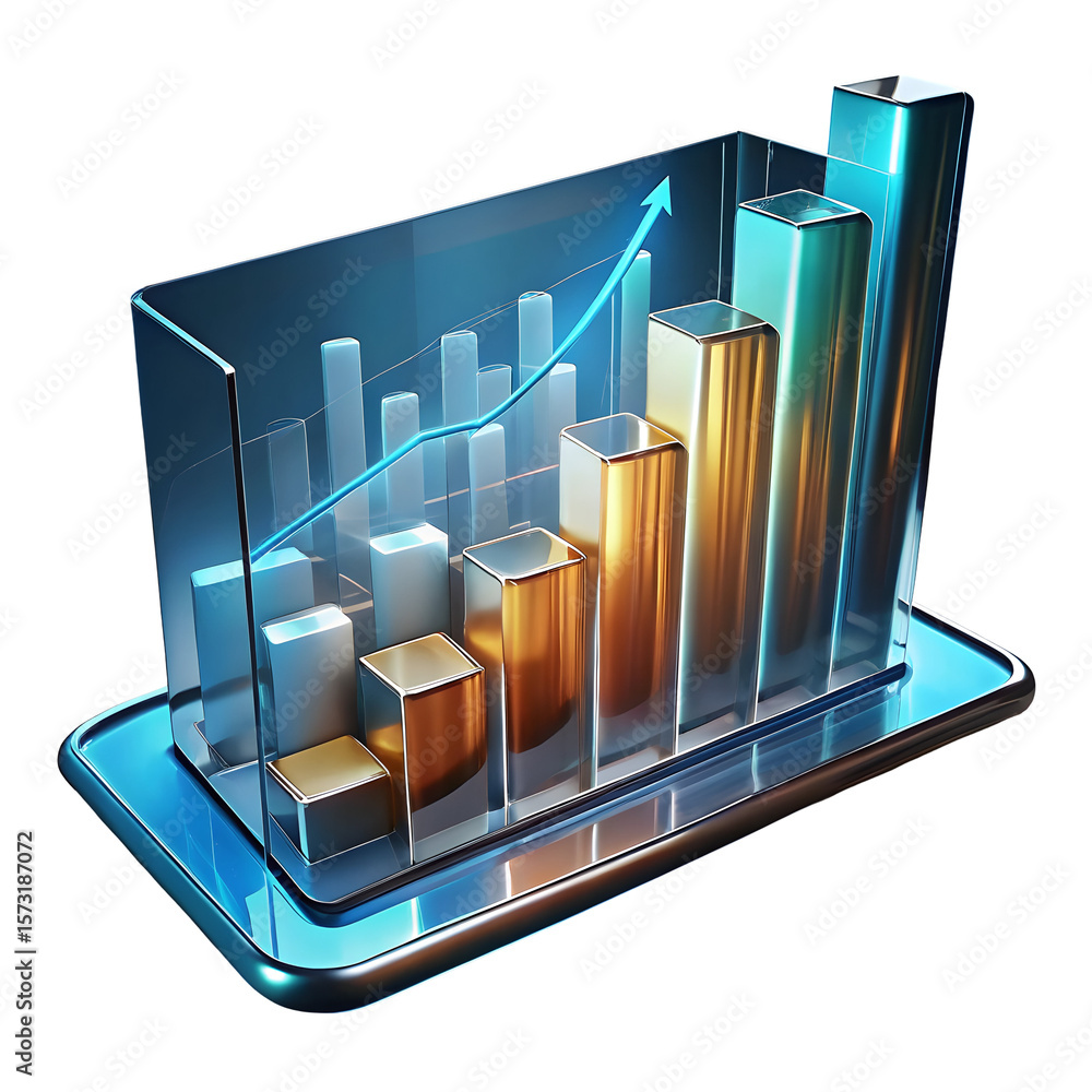 Poster 3d bar chart with upward trending blue line graph and metallic bars isolated on a transparent backgr