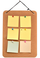Colorful notes on a cork wall with a pin isolated