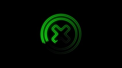 Glowing green neon x mark symbol within a circular frame on a black background