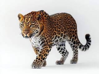 Obraz premium A leopard striding, detailed spots and rich color, against a white background. Powerful, alert gaze. Muscular physique