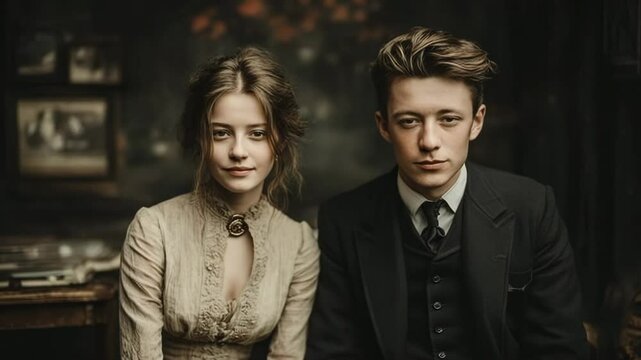 AI-generated of a woman in a Victorian-style dress and a man in a suit sit formally for a portrait