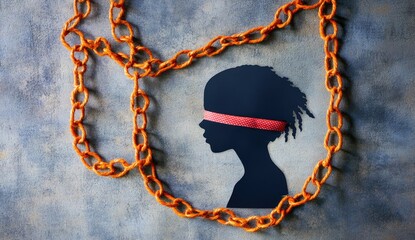 Silhouette of a child with blindfold and chains
