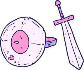 cartoon old gladiator shield and sword in bright neon color