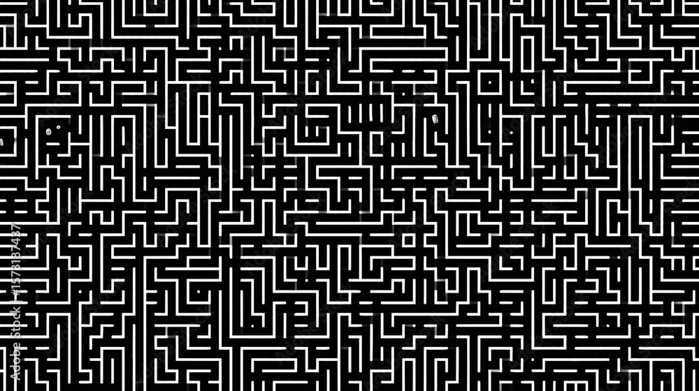 Poster a complex black and white maze featuring intricate pathways and a challenging labyrinthine design