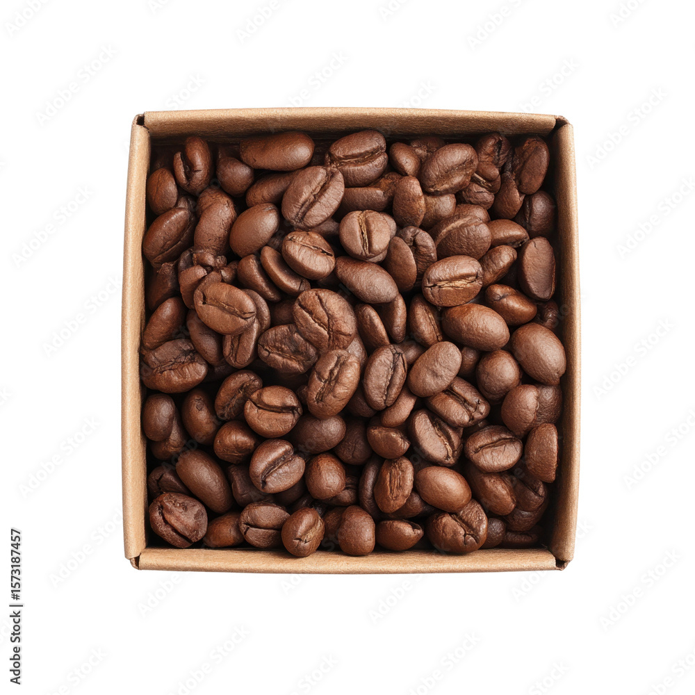 Poster close-up view of freshly roasted coffee beans in a simple cardboard box on a white background transp