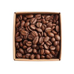 Fototapeta premium Close-Up View of Freshly Roasted Coffee Beans in a Simple Cardboard Box on a White Background Transparent background or png