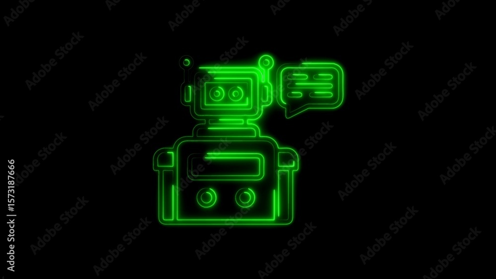 Poster green neon robot avatar with speech bubble representing artificial intelligence and chat support