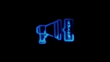Blue neon megaphone with action speech bubble against a black background