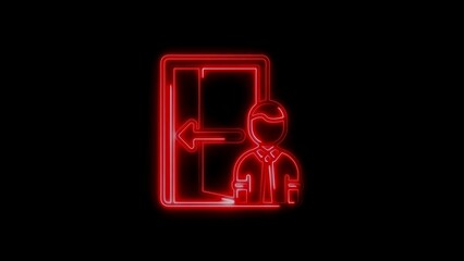 Red neon exit sign illustrating person leaving with arrow symbol against black background