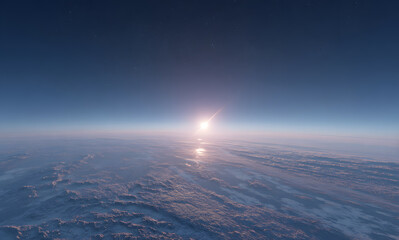 a view of the earth from space with the sun is rising over an alien planet in the distance