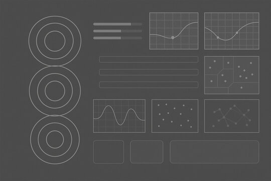 Grayscale abstract data dashboard UI with circular network diagrams, grid charts, dot scatter plots, and geometric patterns for tech, analytics, and digital interface designs