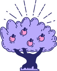 illustration of a traditional tattoo style apple tree in bright neon color