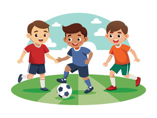 Three happy cartoon boys playing soccer together on a green field with clouds in the background isolated on white background
