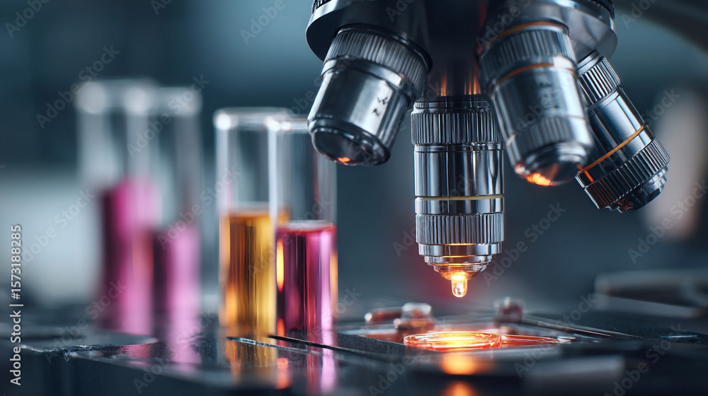 Poster a close up of a microscope with test tubes in the background in a laboratory setting for research