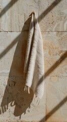 Hanging Beige Textured Bath Towel on a Beautiful Wooden Hanger Against a Stylish Tiled Background to Enhance Your Bathroom Decor