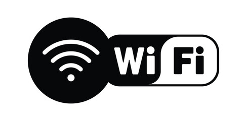 Black Free WiFi Zone Icon – Vector Illustration of Wireless Internet Access Sign for Cafes, Restaurants, Public Spaces, and Network Availability Labels on White Background”