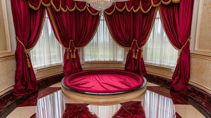 Red draped circular room with ornate curtains