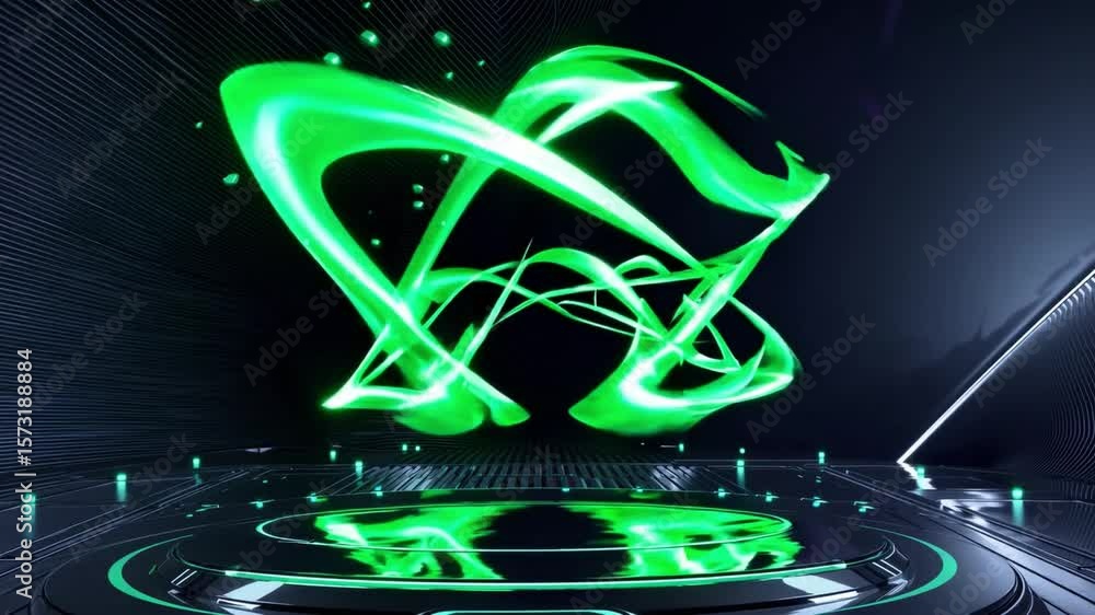 Poster abstract green light trails glowing in a futuristic digital space with swirling patterns and glowing