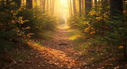 Obraz premium Scenic forest path illuminated by sunlight in autumn 