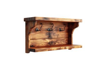 Wooden Wall Shelf with Metal Hooks Isolated on Transparent Background