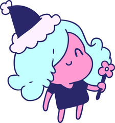 hand drawn christmas cartoon of kawaii girl in bright neon color