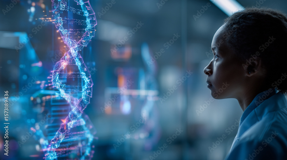 Poster woman in lab coat looking at digital dna helix structure in a laboratory environment setting
