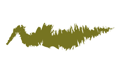 An abstract olive green brushstroke with jagged edges, resembling grass or a stylized wave.