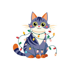 Cute playful cat tangled in colorful string lights on white background, funny holiday decoration, adorable pet illustration, festive Christmas, whimsical tangled kitten vector art