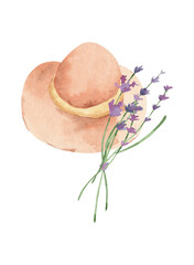 Watercolor Summer Brown Women Hat with Lavender Sprigs - Pastel Country Garden hand drawn Illustration