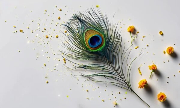 Peacock feather kept on white background with flowers