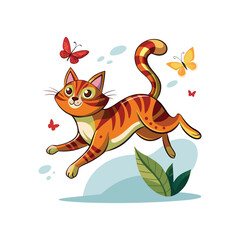 Graceful cat leaping midair chasing delicate butterfly vector illustration, playful feline in motion, minimalist white background, dynamic pet art, nature-inspired animal design