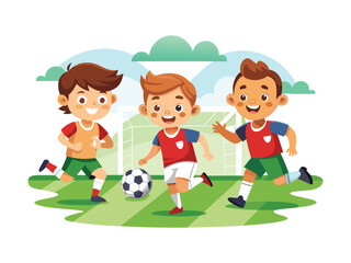 Three happy cartoon boys playing soccer on a green field with a goal and clouds isolated on white background
