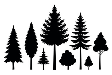 Obraz premium Evergreen Pine Tree Vector Silhouettes – Black Woodland Trees Isolated on White