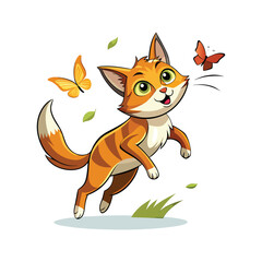 Obraz premium Graceful cat leaping midair chasing delicate butterfly vector illustration, playful feline in motion, minimalist white background, dynamic pet art, nature-inspired animal design