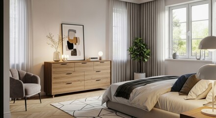 Modern bedroom interior featuring wooden dresser soft lighting and cozy bed with layered textiles
