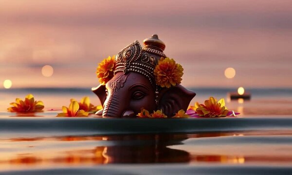 Golden Ganesha Statue Floating at Sunset Surrounded by Plumeria Flowers