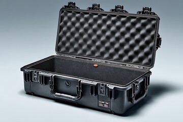 Hard-Shelled Black Medical Transport Case With Open Foam Inserts Inside, Designed For Carrying Sensitive Hospital Devices. The Case Is Empty, Placed On A White Floor With Side Lighting To Show Tex