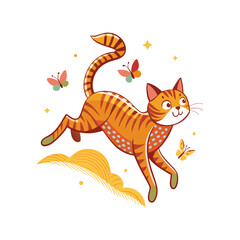Graceful cat leaping midair chasing delicate butterfly vector illustration, playful feline in motion, minimalist white background, dynamic pet art, nature-inspired animal design