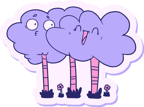 Naklejki sticker of a cartoon trees with faces in bright neon color