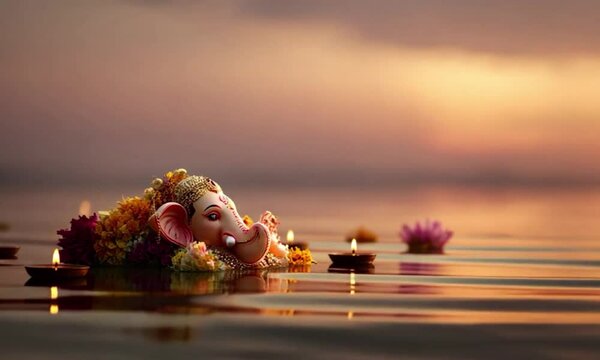 Golden Ganesha Statue Floating at Sunset Surrounded by Plumeria Flowers