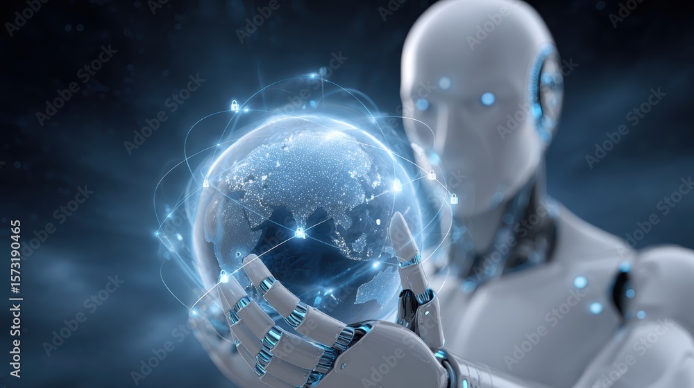 Poster a futuristic robot holds a glowing digital globe interconnected with network lines, symbolizing adva